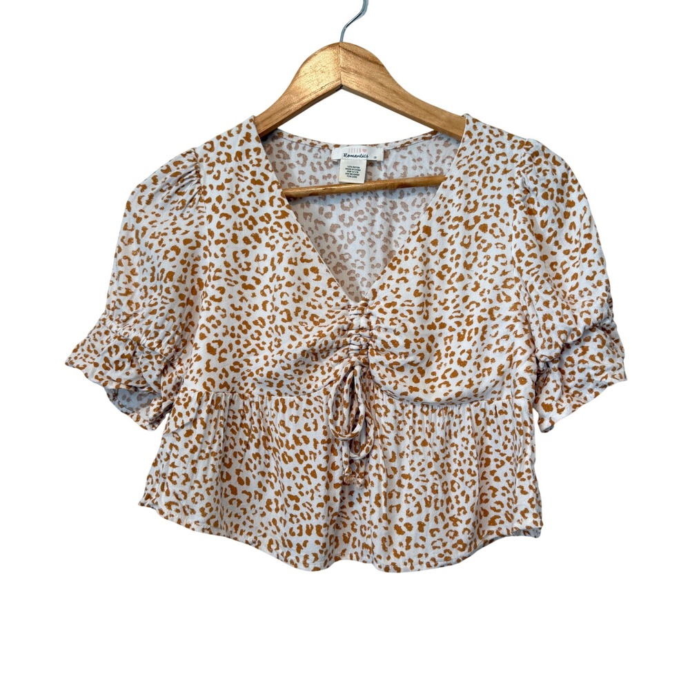Urban Romantics Tan White Leopard Print Peplum Tie Front V-Neck Blouse Small